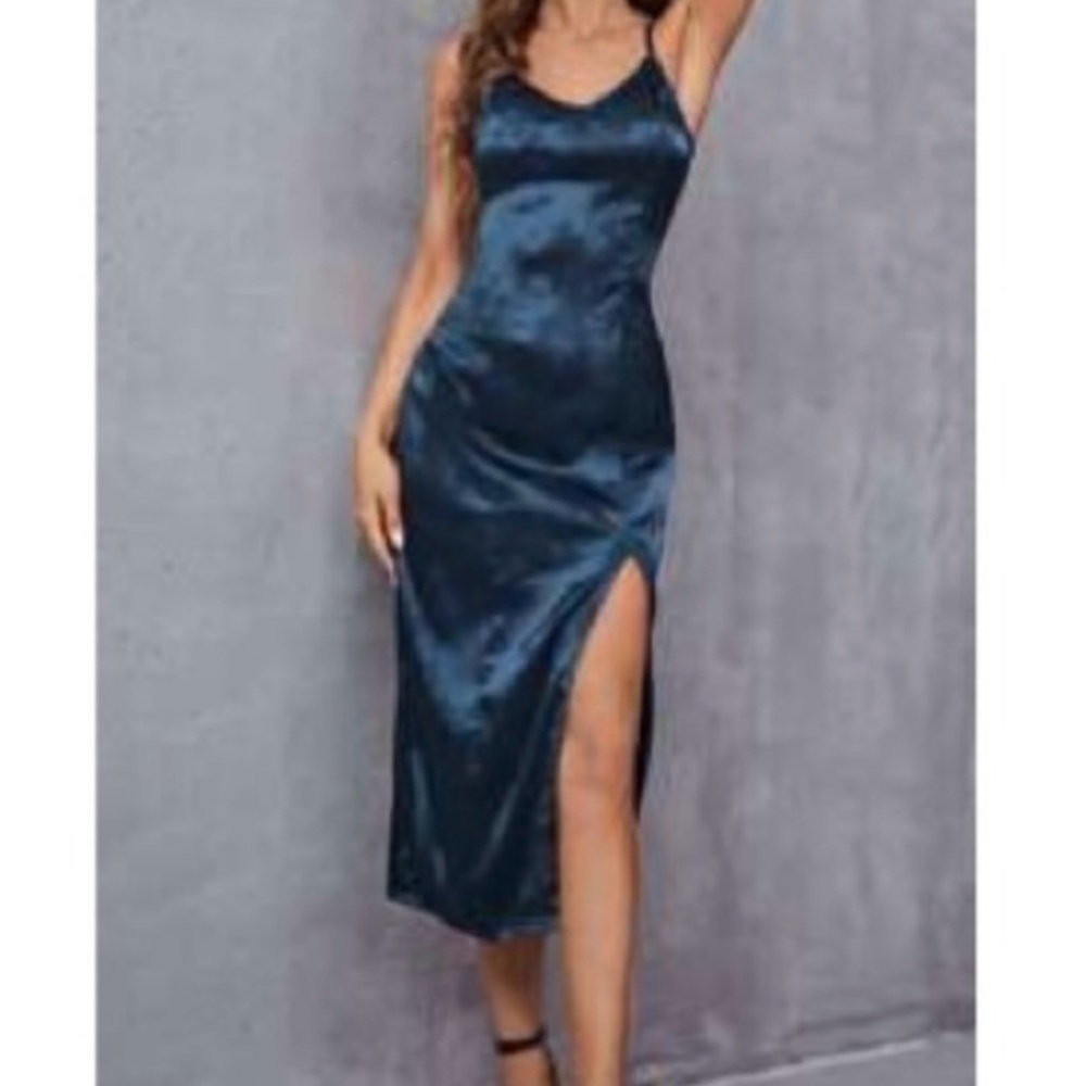 SHEIN Navy Floral Satin Slip Dress